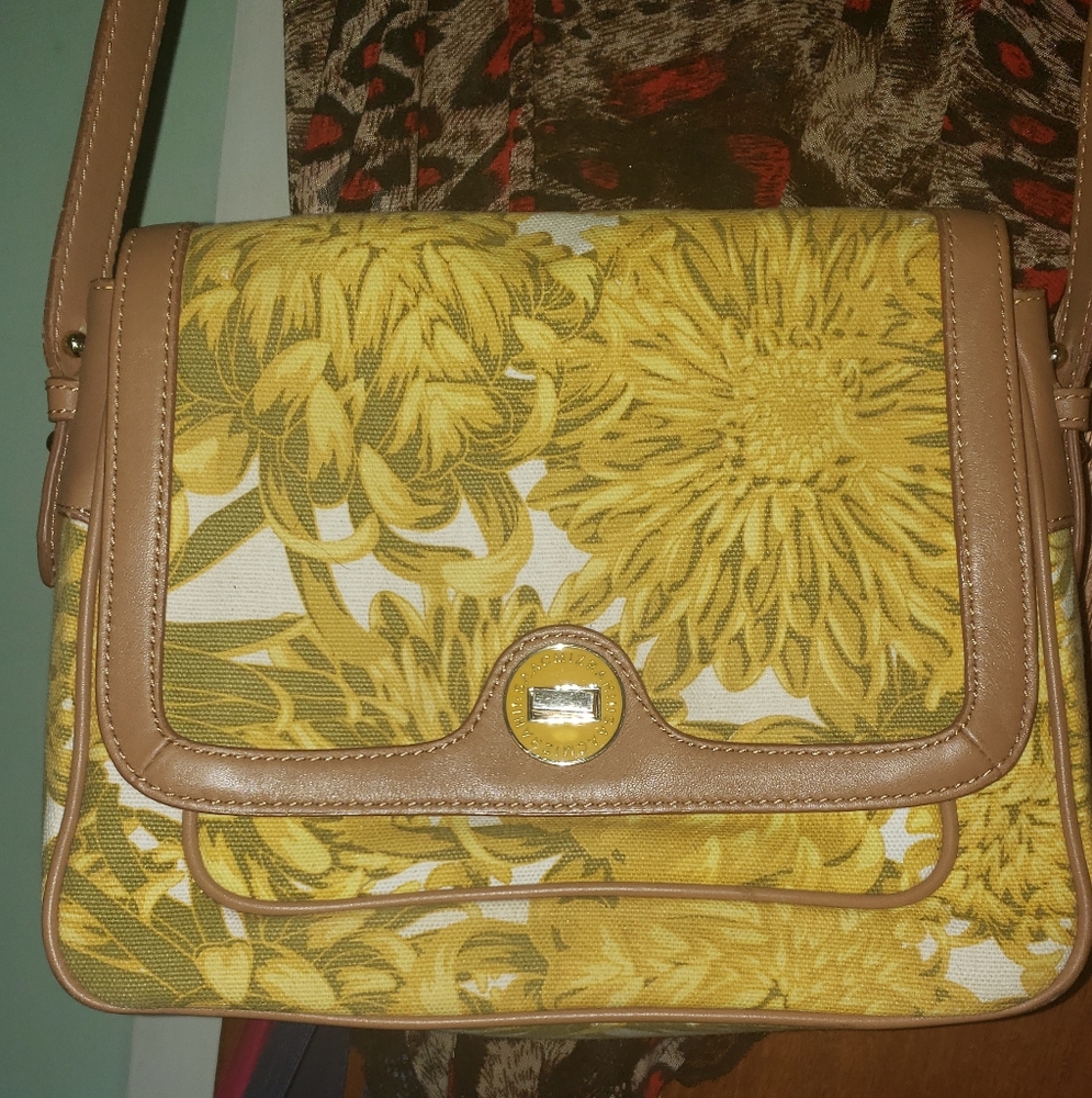 Isaac Mizrahi Yellow and Tan Crossbody Bag with Floral Design